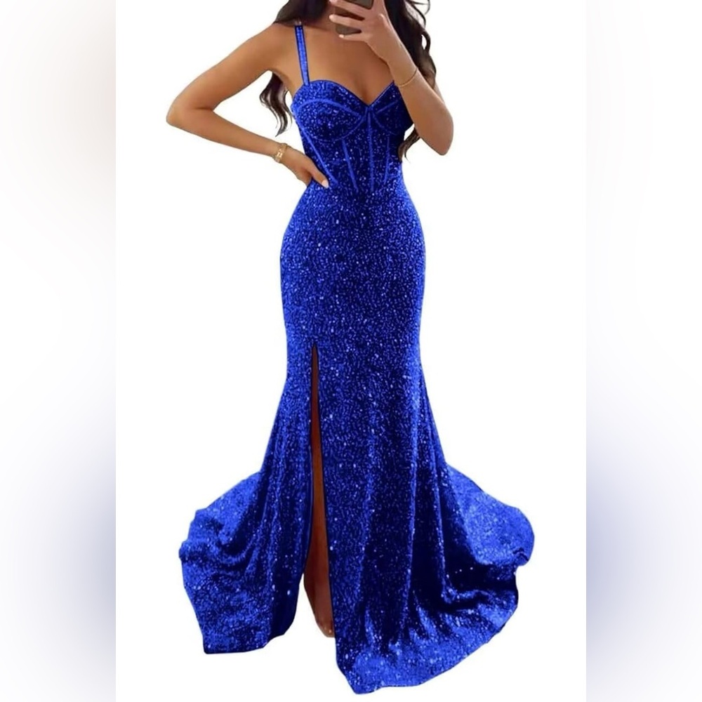 Elegant Blue Sequin Evening Gown